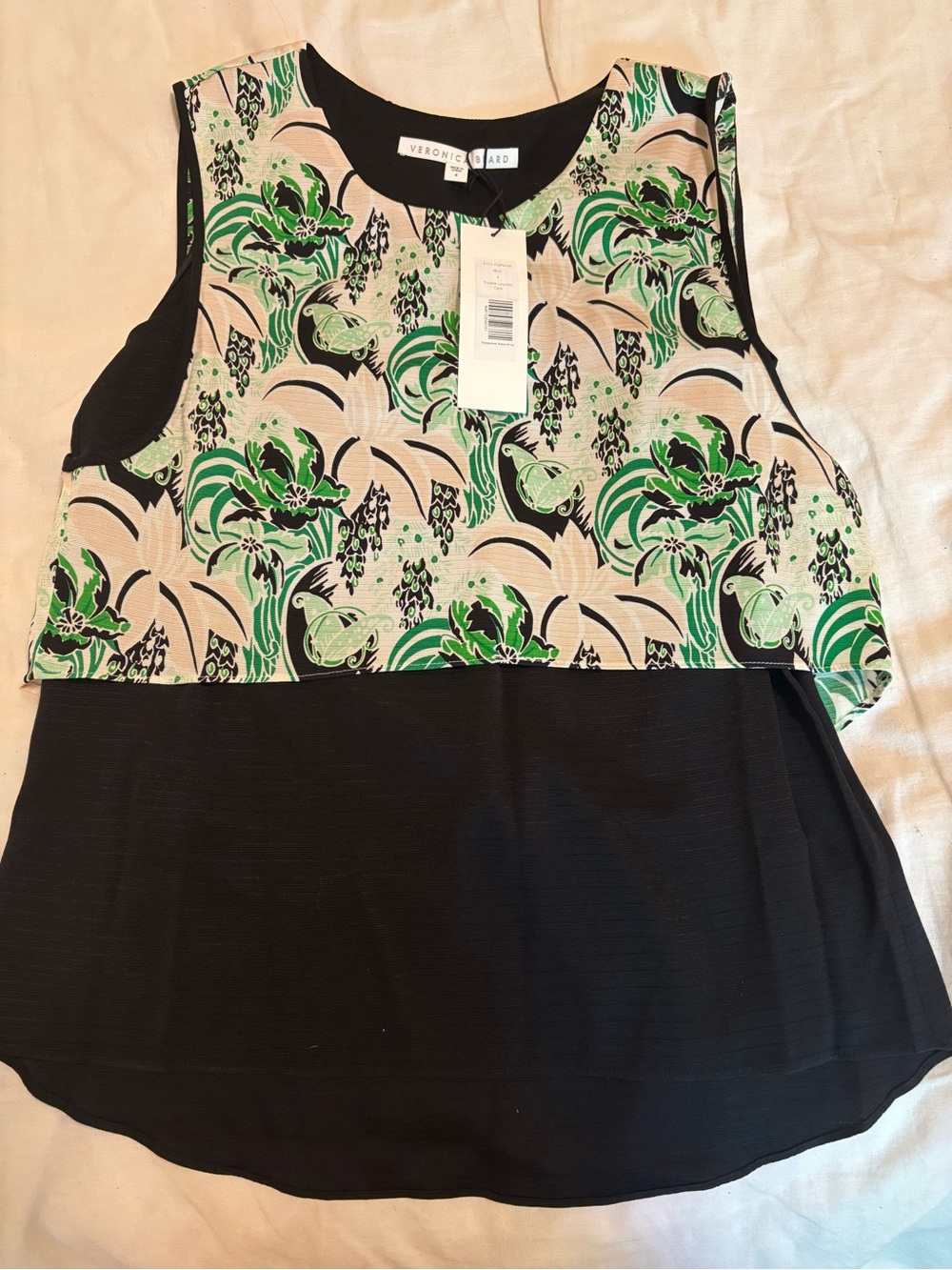 NWT Veronica Beard Silk Floral Layered Tank Green Cream Black